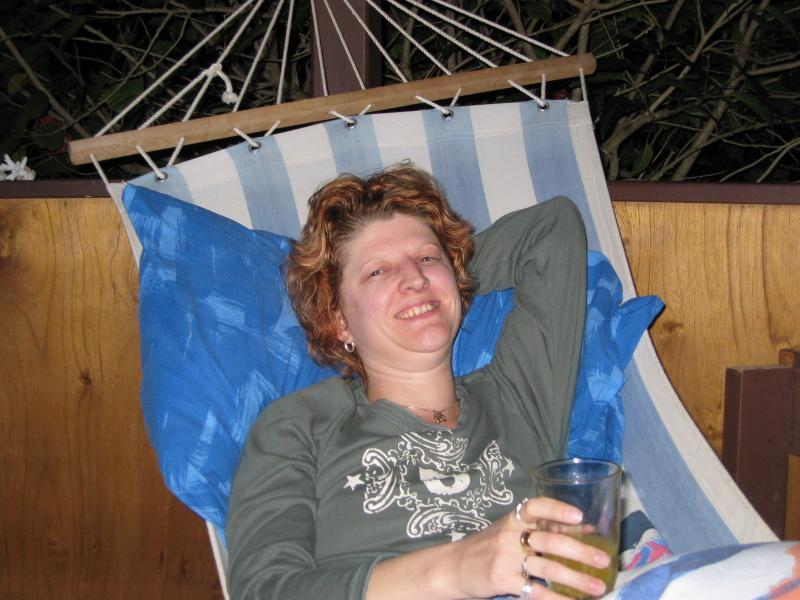 Cherie enjoying the hammock on our deck