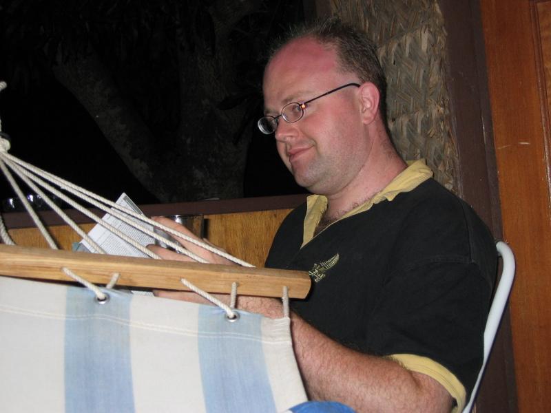 Steve engrosed in his Terry Pratchett Book